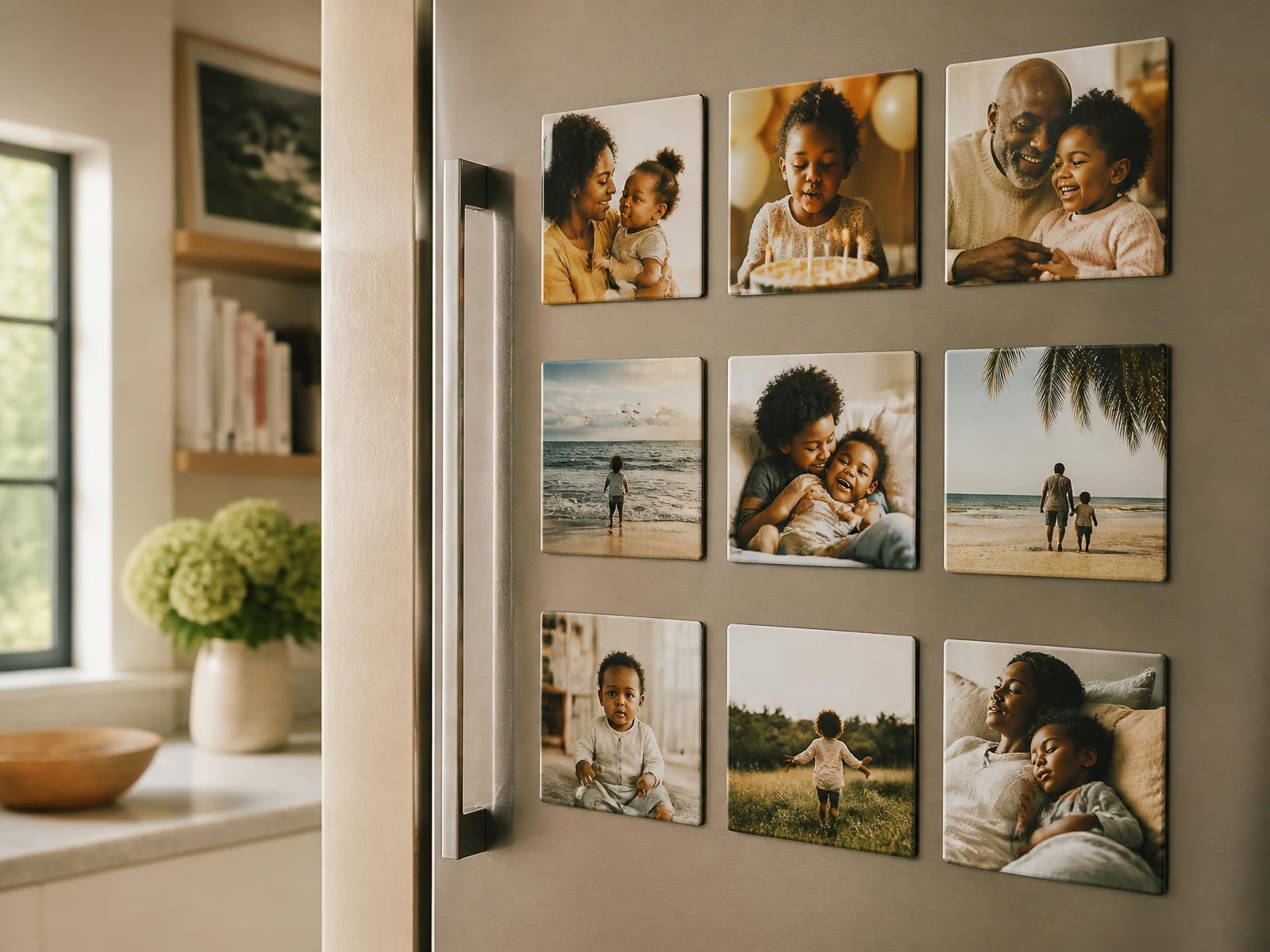 A refrigerator door covered with FORVR photo magnets of family moments